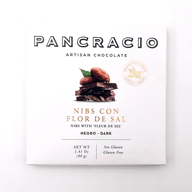 Tableta de chocolate negro Pancracio nibs con flor de sal 40 gramos