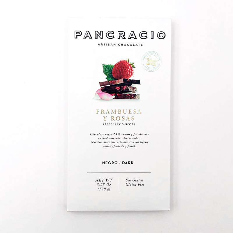 Tableta de chocolate negro Pancracio frambuesa y rosas